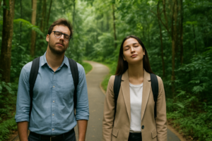 Two tired office workers, a man in a blue shirt and glasses and a woman in a beige blazer, walk along a lush green forest path with backpacks, pausing to rest and breathe in the tranquil natural surroundings.
