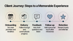 Infographic showing five stages of a memorable client journey: onboarding, delivery, feedback, follow-up, and retention.
