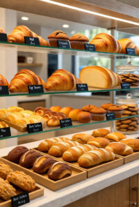 Modern bakery display with organized pastries, clean shelves, and warm lighting creating an inviting presentation.