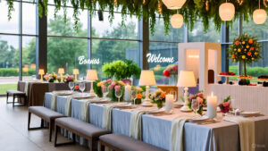 A landscape view of a luxurious 2025 wedding reception featuring silver-white décor, pastel florals, candles, greenery, hanging lanterns, and personalized wedding details.