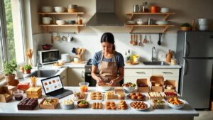 Landscape view of a home-based food business with a female entrepreneur preparing baked goods, tiffins, snacks, and healthy meals in a clean kitchen, with small-scale packaging and online orders.