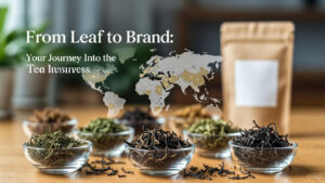 Global tea sourcing and private label tea business concept showing loose leaf teas, packaging, and international origins.