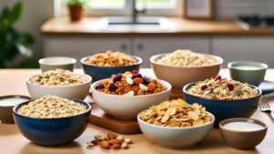 different high-protein cereals with nuts, seeds, and plant-based milk on a wooden breakfast table.