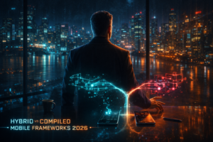 Man in suit overlooks cityscape at night, with holographic mobile tech visuals; "Hybrid vs Compiled Mobile Frameworks 2026" text.