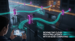 Person holding a phone with city data overlay, neon lines in rainy cityscape, text: Beyond the Cloud: Reducing Latency with M-Edge Computing.