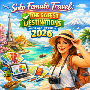 Solo female travel illustration showing a woman traveler with backpack exploring global destinations in 2026, promoting Ladies Only Tour Packages From Kerala