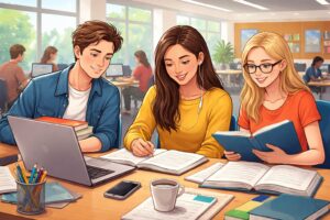 Three university students studying together at a table in a bright modern library, using books and a laptop while taking notes in a collaborative learning environment.