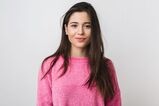 young beautiful woman pink warm sweater natural look smiling portrait isolated long hair optimized
