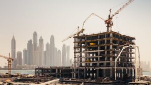 Modern construction site featuring cranes, high-rise buildings, engineers, and digital technology representing global construction market growth.
