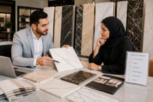 Marble consultant helping a UAE homeowner compare natural stone samples for a home project.