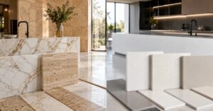 Premium split comparison of natural marble and travertine slabs versus polished engineered quartz stone in a luxury interior showroom