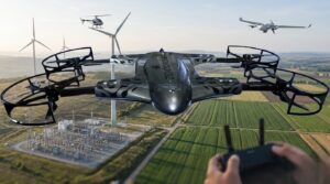 An editorial photograph showing a primary multi-rotor industrial drone flying over a landscape featuring agricultural fields, wind turbines, and electrical infrastructure, with secondary fixed-wing and single-rotor UAV silhouettes in the background and a pilot holding a remote controller in the foreground.